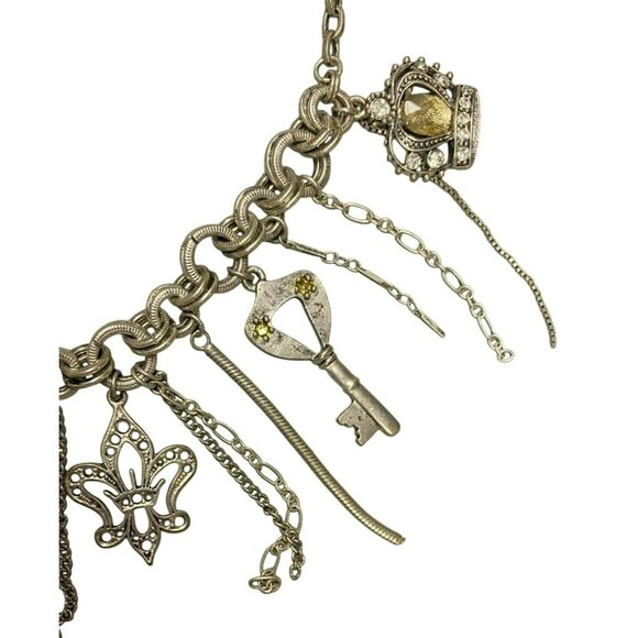 Steampunk Waterfall Charm Necklace With Key, Shield, Crown and Fleur-De-Lis Char - Picture 5 of 9